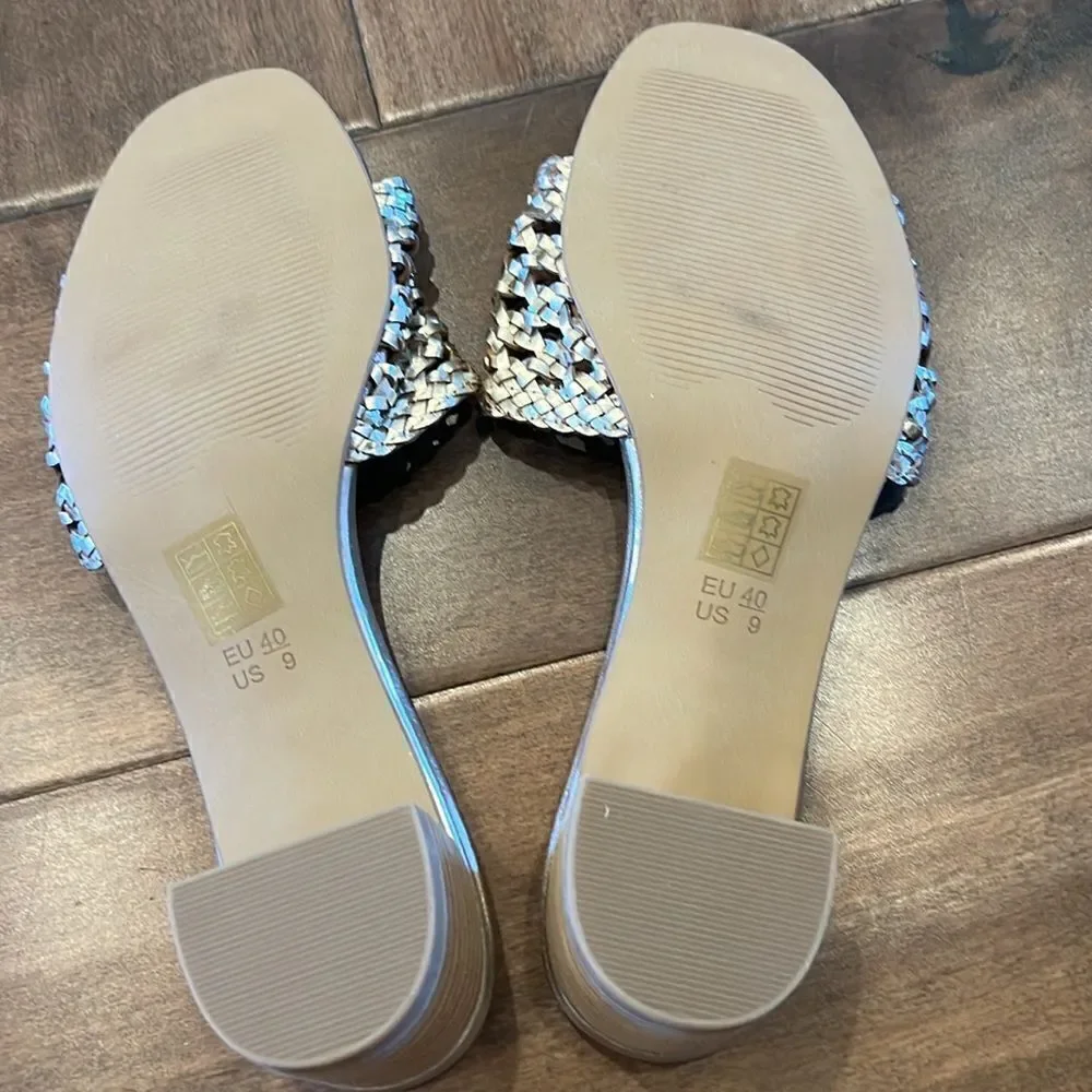 Anthropologie Salt + Umber Tripoli Heels Woven Gold Slide Dressy Sandals US 9